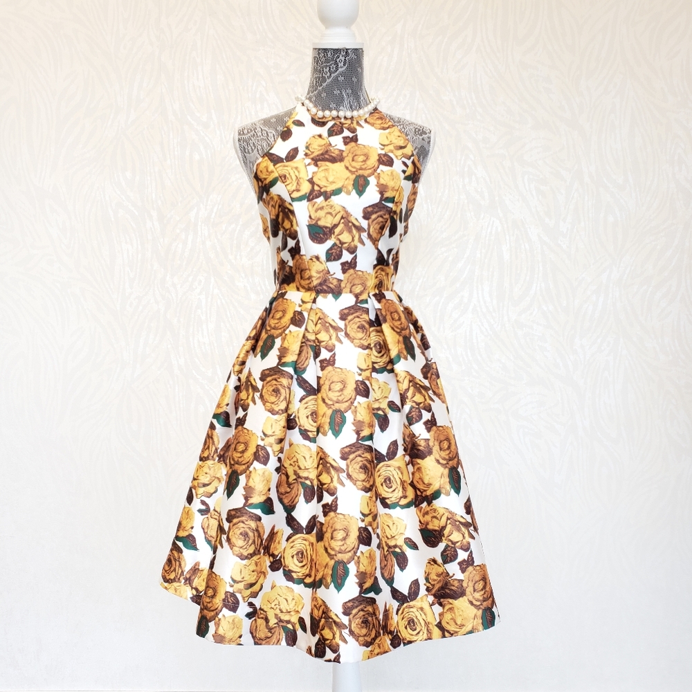 YELLOW ROSES FIT AND FLAIR DRESS